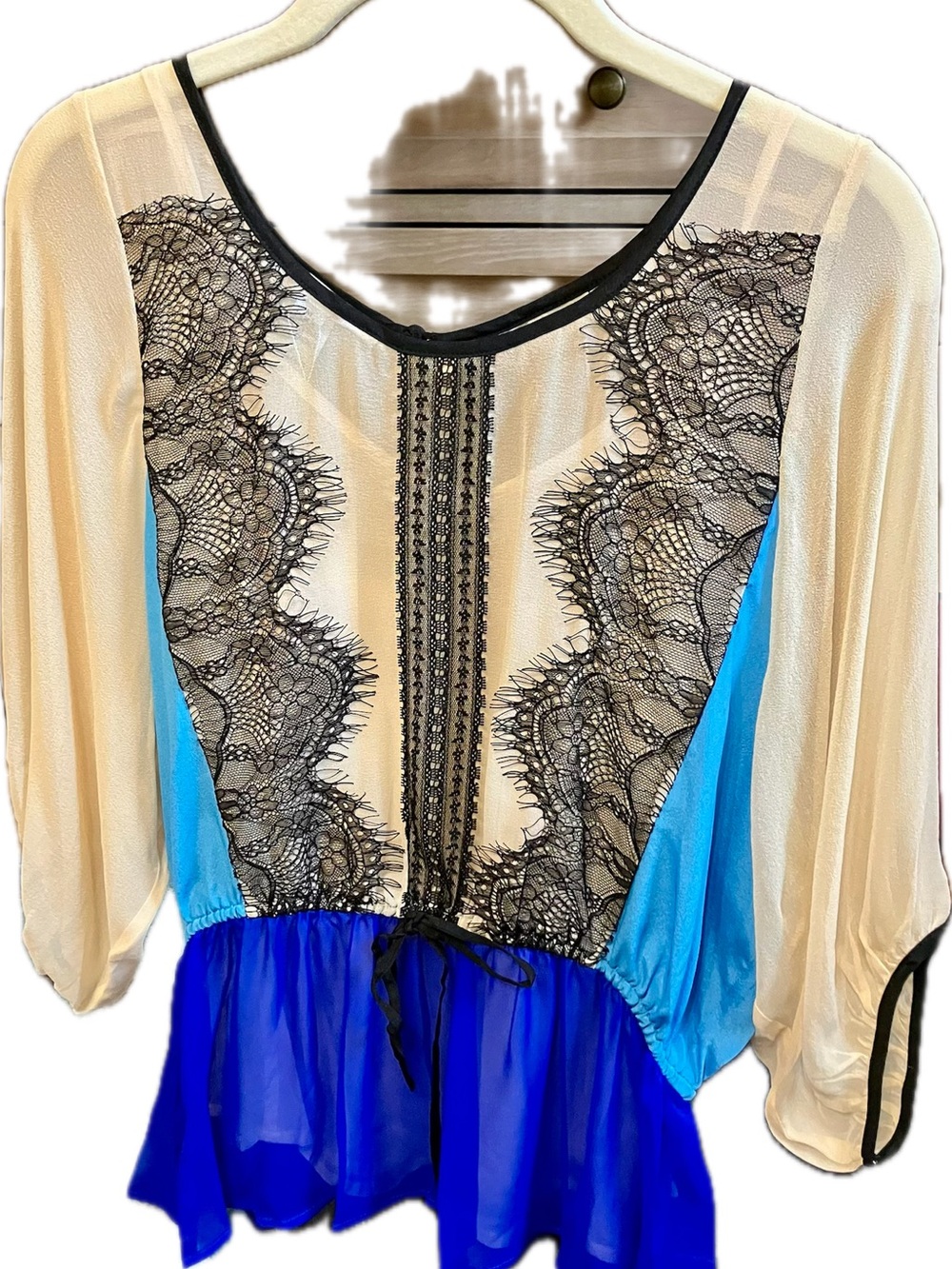 Women’s Silk Lace-Trim Peplum Blouse - Blue, Cream & Royal